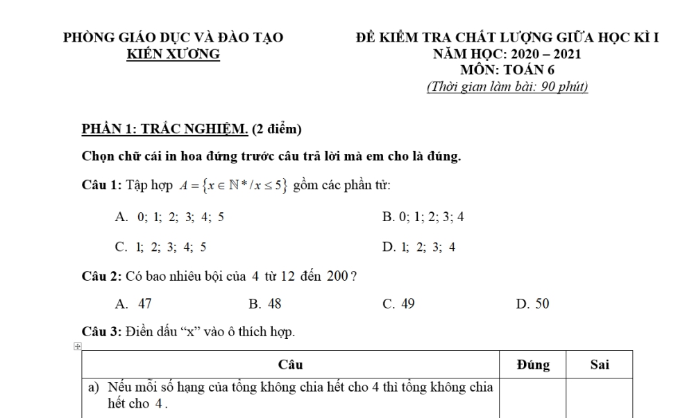 Toán 6: Đề kiểm tra giữa học kì 1. Phòng GD&ĐT huyện Kiến Xương năm học 2020-2021